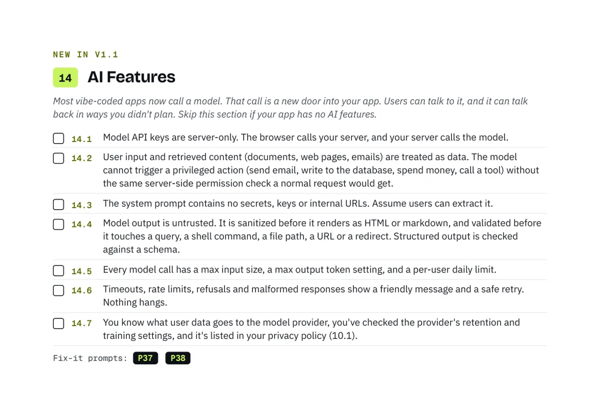 Section 14, AI Features checklist